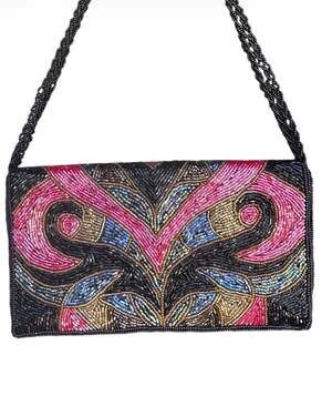 Vintage Hand-Beaded Multi-Color Floral Pattern Evening Clutch with Braided Strap